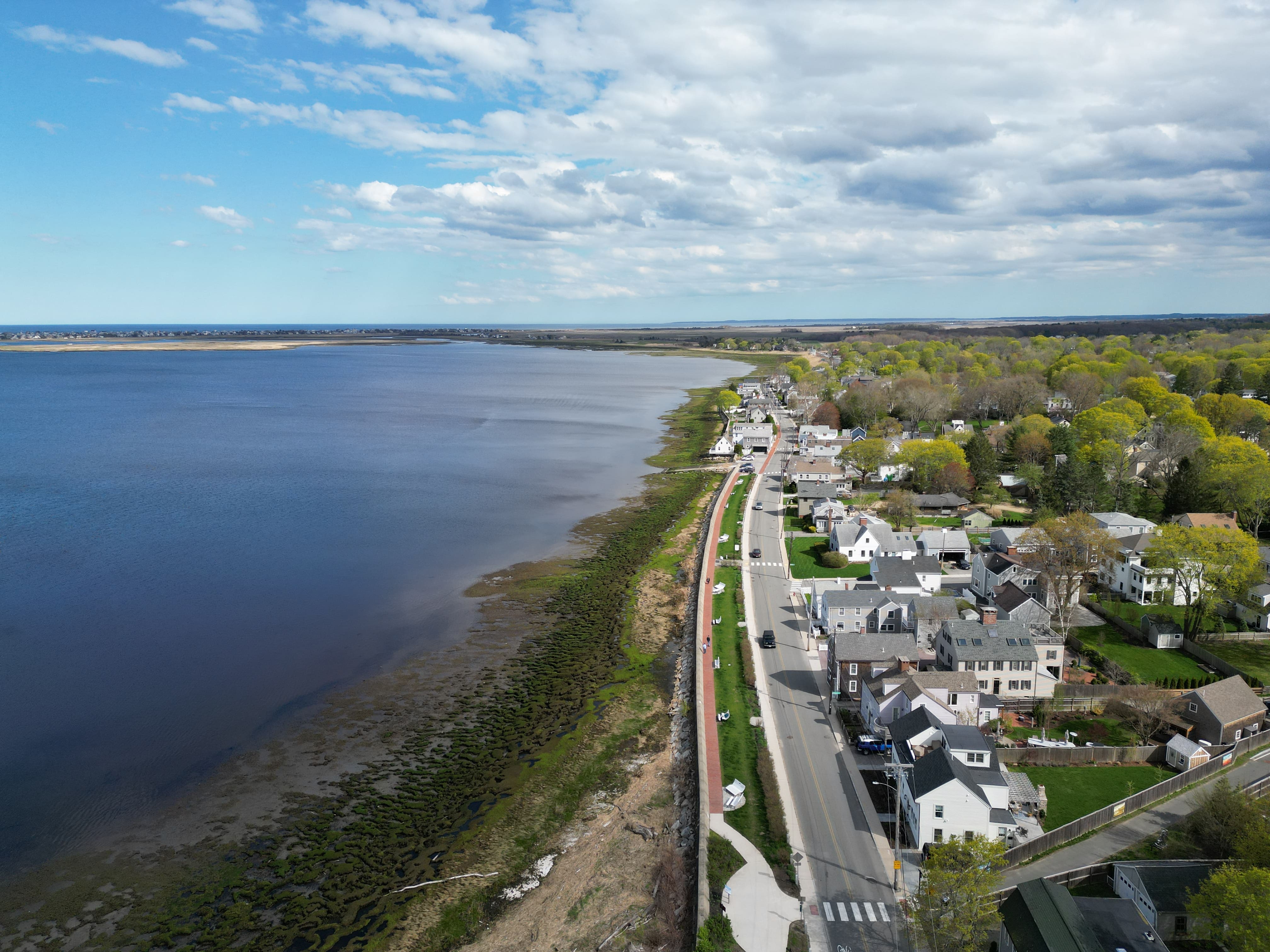 Aerial view over Joppa Flats in Newburyport, Massachusetts looking toward Plum Island