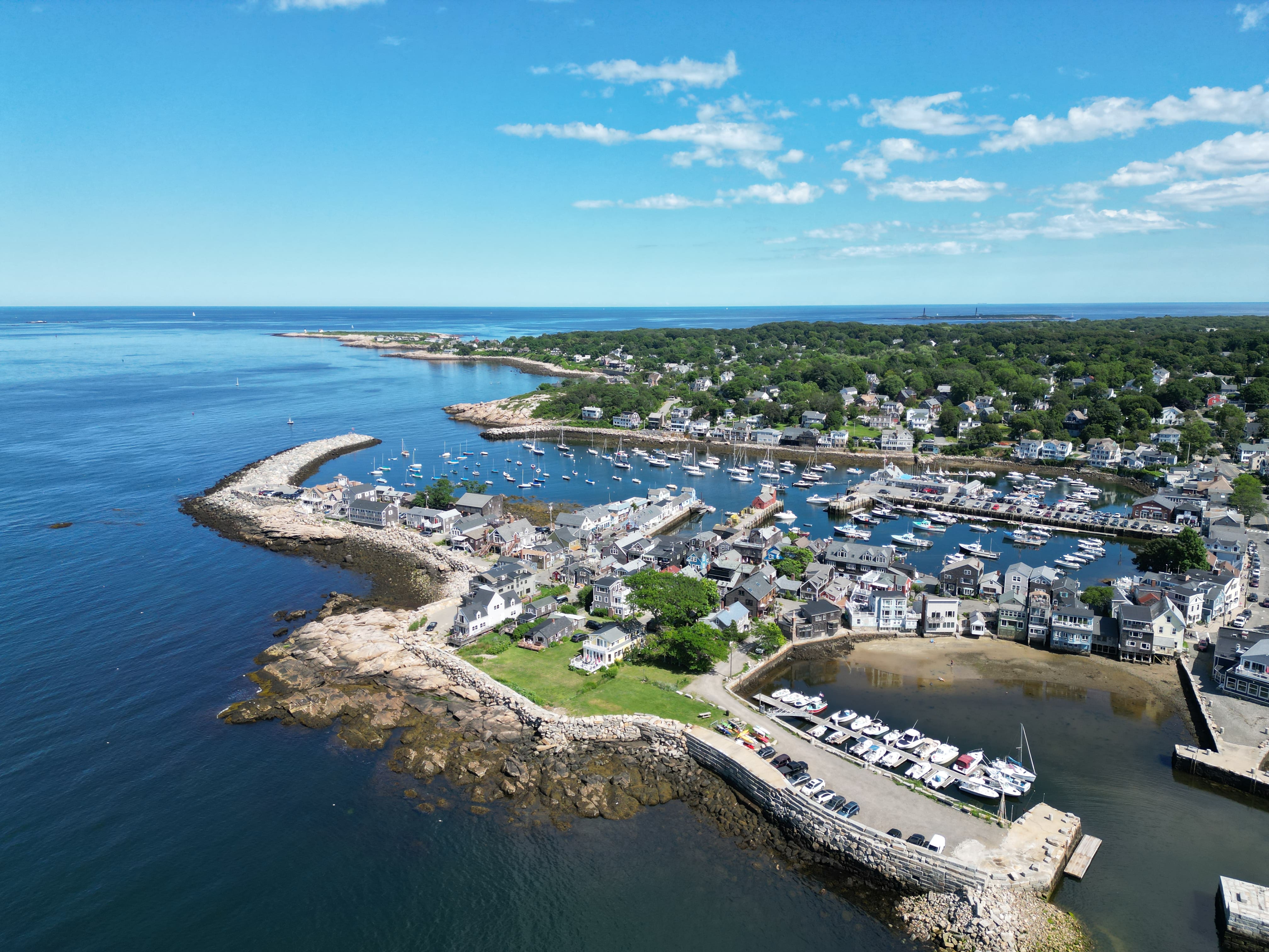 Aerial view of the Rockport, Massachusetts harbor and coastline on Cape Ann